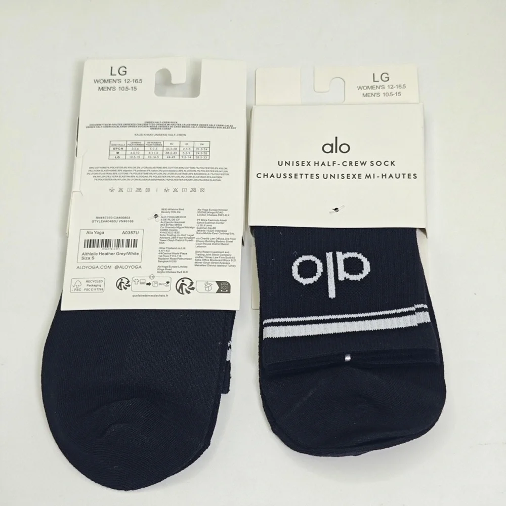 ALO Yoga Black Half-Crew Socks with White Logo and Stripes